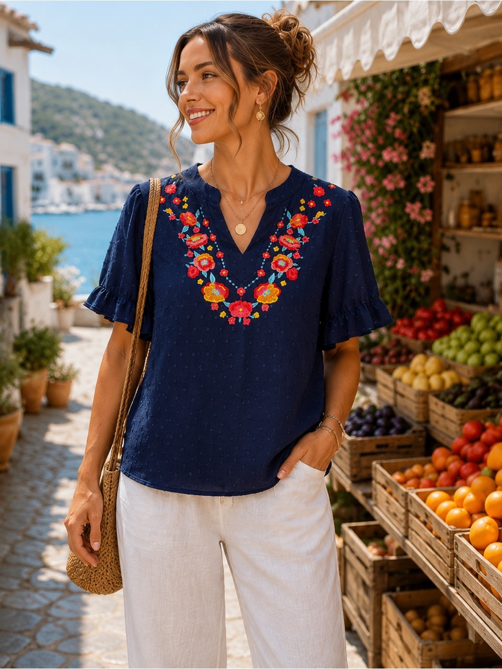 SHEIN - Bohemian Embroidered Navy Floral V-Neck Top - Size XL